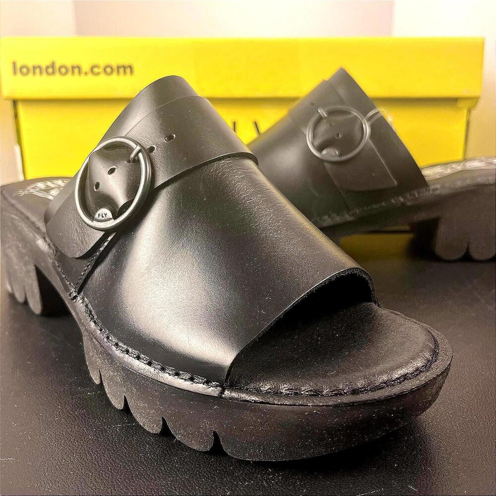 FLY LONDON EPLE519FLY‎ Lightweight Black Leather Chunky Heel Platform Sandal